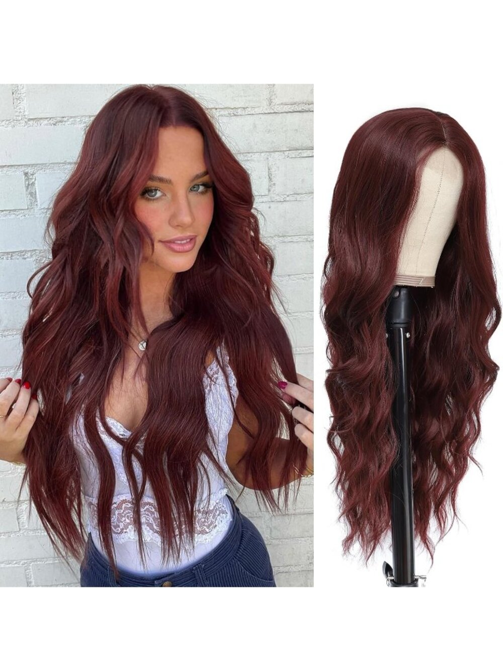 Women's Wine Red 26 Inch Natural Looking Heat Resistant Long Wavy Wigs